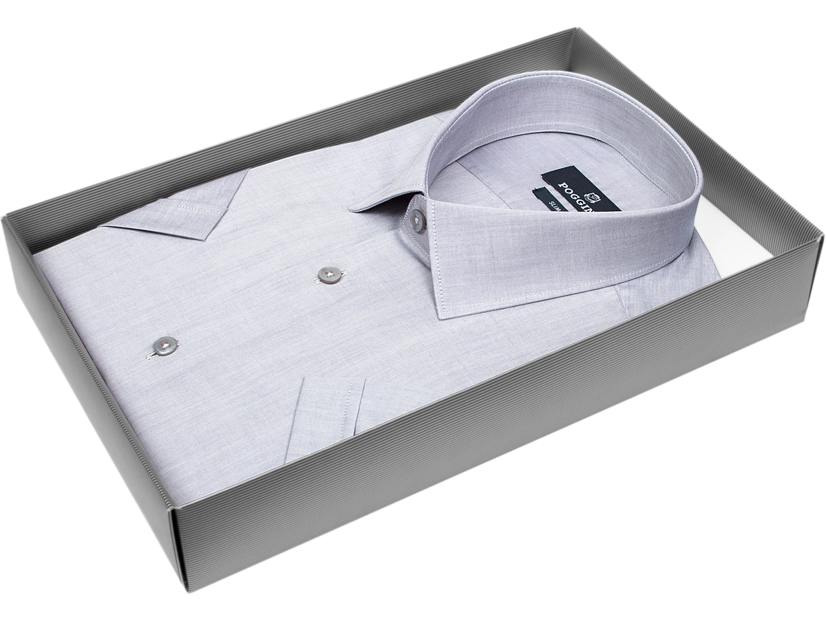 Брендовая мужская рубашка Poggino 7004-03 силуэт приталенный стиль классический цвет серый меланж 100% хлопок