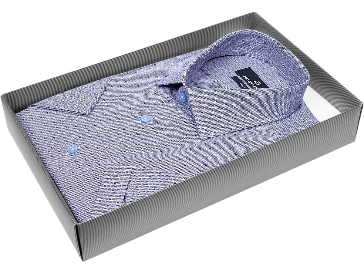 Стильная мужская рубашка Poggino 7004-46 рукав короткий силуэт приталенный стиль классический цвет синий в клетку 100% хлопок