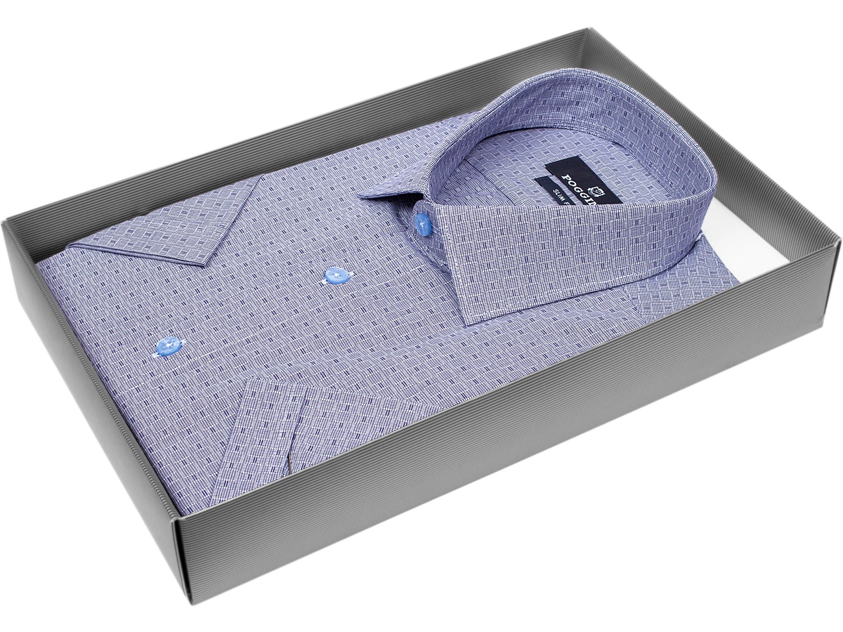 Мужская рубашка модного бренда Poggino 7004-46 рукав короткий силуэт приталенный стиль классический цвет синий в клетку 100% хлопок