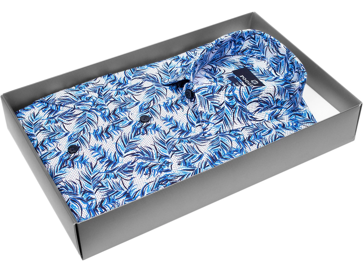 Модная молодежная рубашка Poggino 7004-13 рукав короткий силуэт приталенный стиль casual цвет синий в листьях 100% хлопок