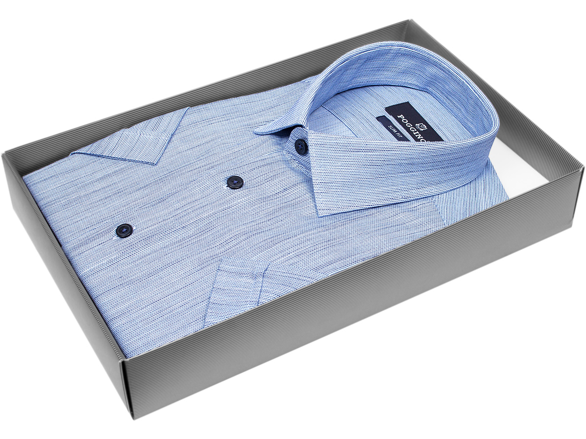 Голубая приталенная мужская рубашка Poggino 7004-12 меланж с коротким рукавом купить в Москве недорого