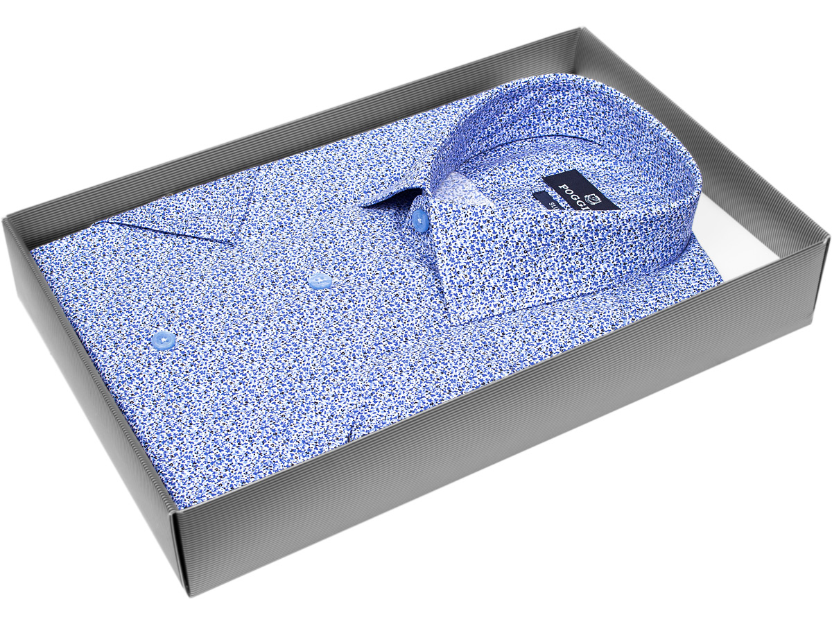 Стильная мужская рубашка Poggino 7004-09 рукав короткий силуэт приталенный стиль casual цвет мультиколор в абстракции 100% хлопок