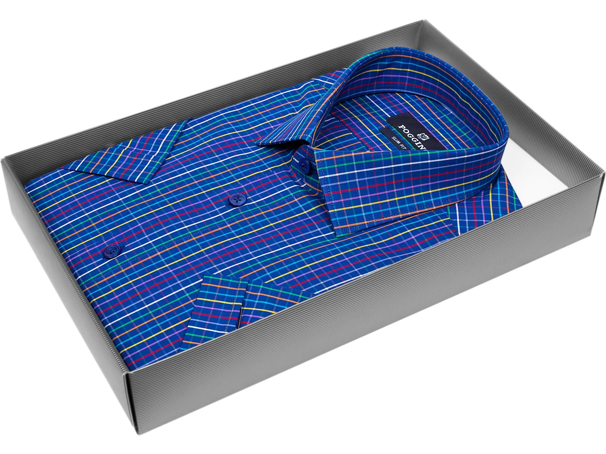 Синяя приталенная мужская рубашка Poggino 7004-32 в клетку с коротким рукавом купить в Москве недорого