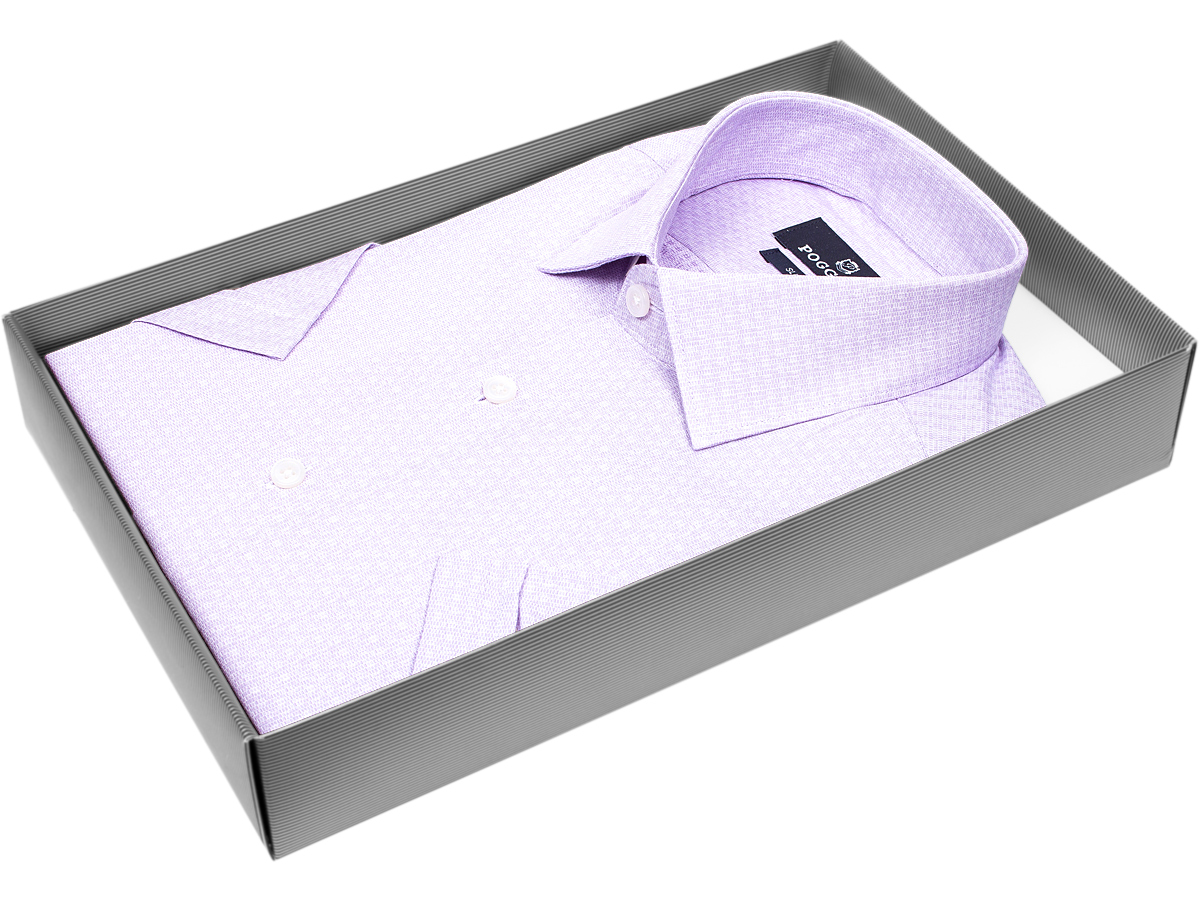 Стильная мужская рубашка Poggino 7004-42 рукав короткий силуэт приталенный стиль классический цвет сиреневый меланж 100% хлопок