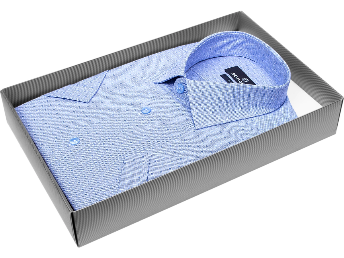 Приталенная мужская рубашка Poggino 7004-45 рукав короткий стиль классический цвет синий в клетку 100% хлопок