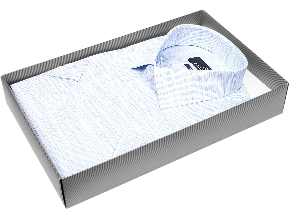 Голубая приталенная мужская рубашка Poggino 7004-28 меланж с коротким рукавом купить в Москве недорого