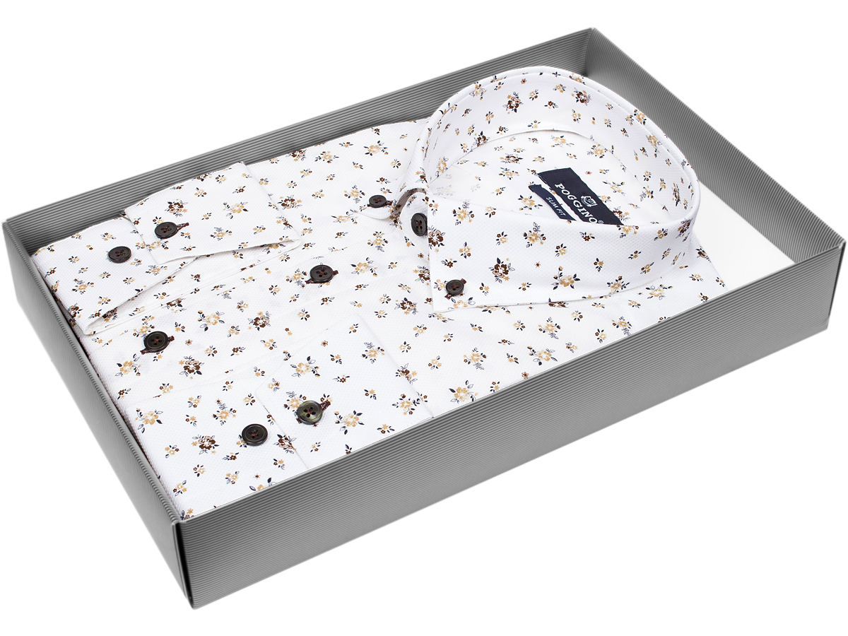 Кремовая приталенная мужская рубашка Poggino 7012-15 в цветочек с длинными рукавами