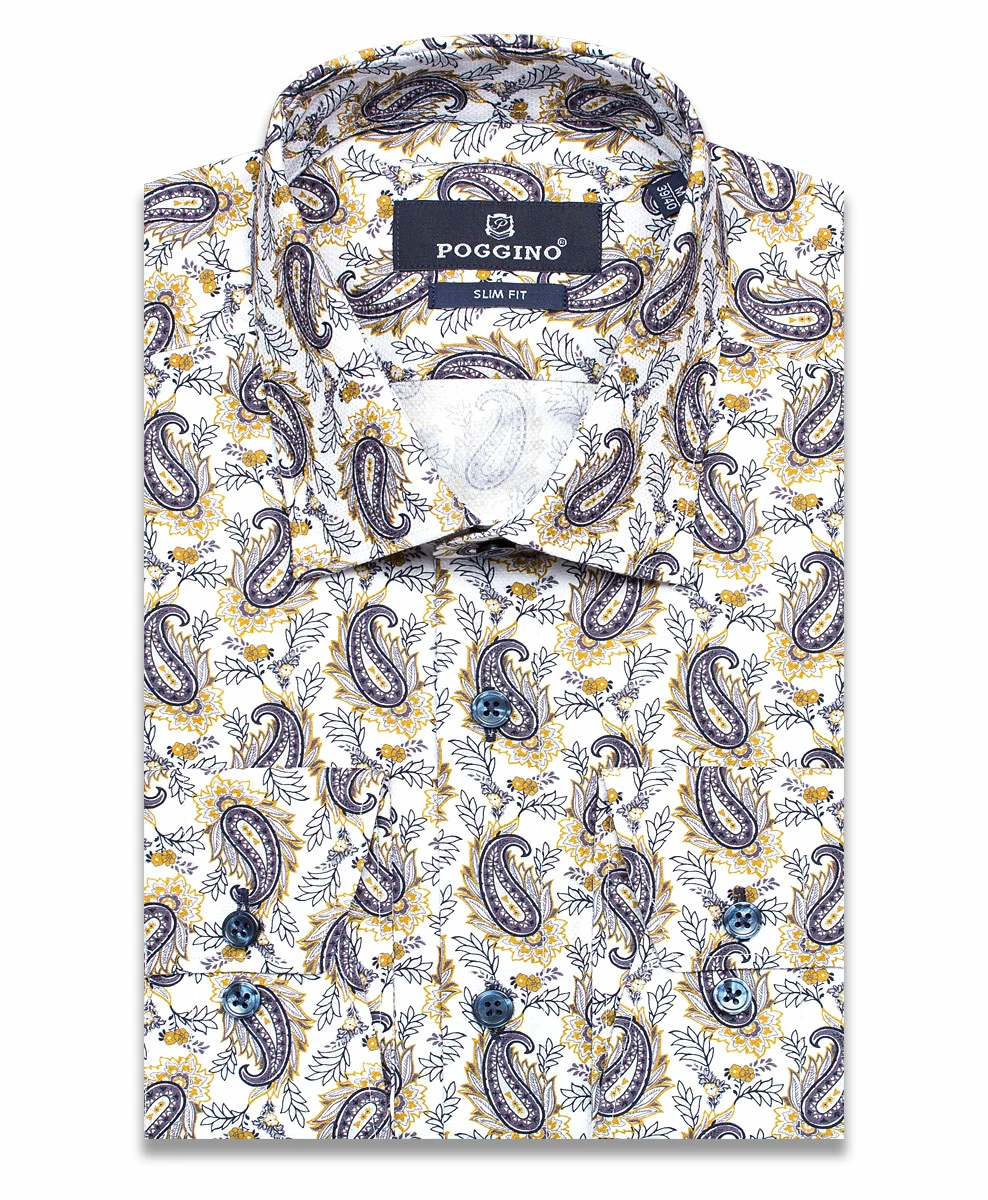 Разноцветная приталенная рубашка Poggino 7012-31 в огурцах с длинными рукавами
