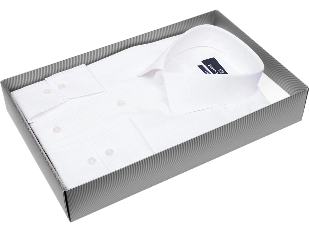 Белая приталенная мужская рубашка Poggino 7012-28 в клетку с длинными рукавами