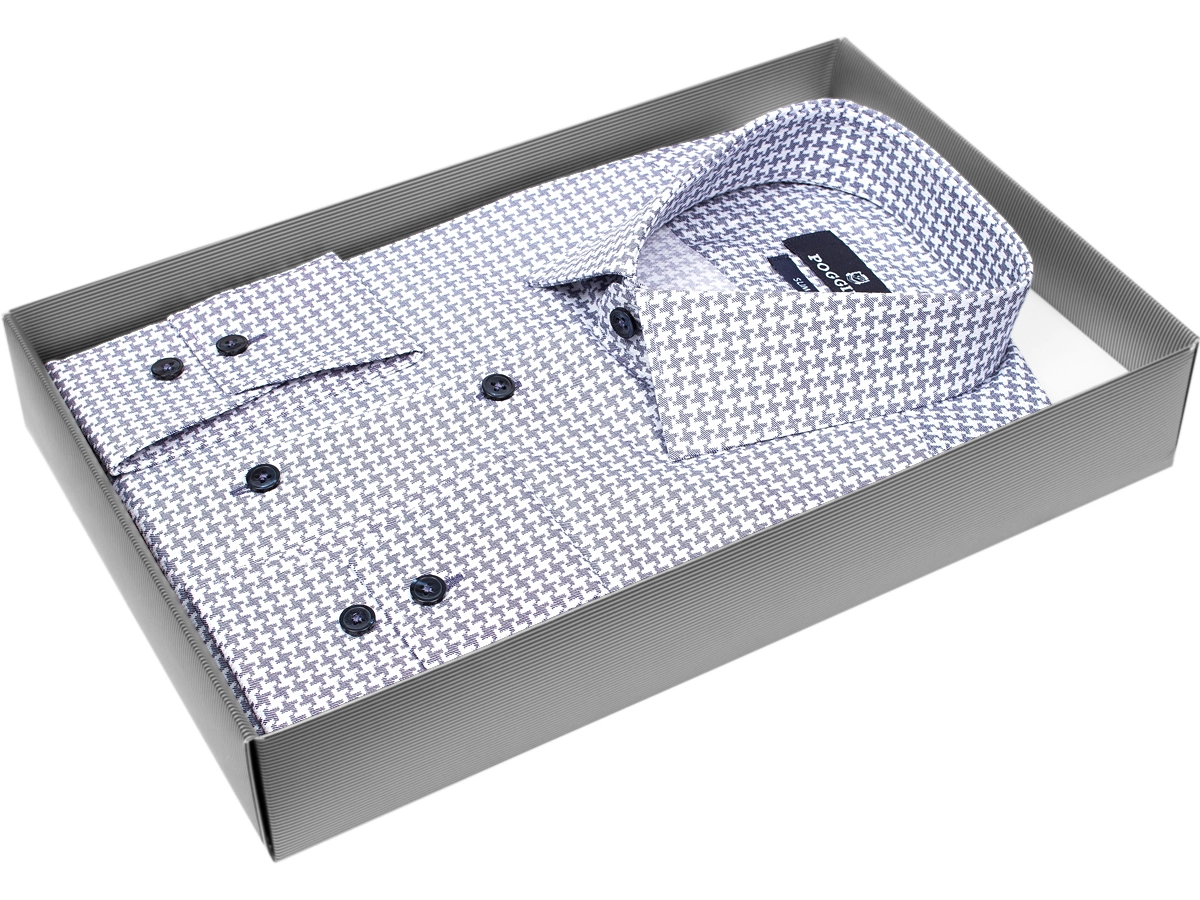 Брендовая мужская рубашка Poggino 7012-11 силуэт приталенный стиль casual цвет серый с рисунком 100% хлопок