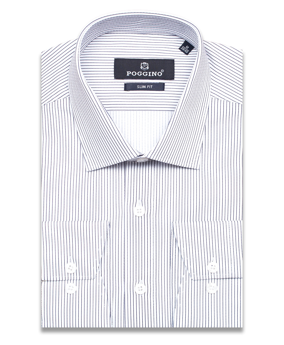 Светло-серая приталенная мужская рубашка Poggino 7012-26 в полоску с длинными рукавами