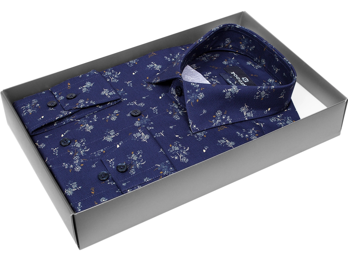 Удобная мужская рубашка Poggino 7012-14 рукав длинный силуэт приталенный стиль casual цвет темно синий в цветах 100% хлопок