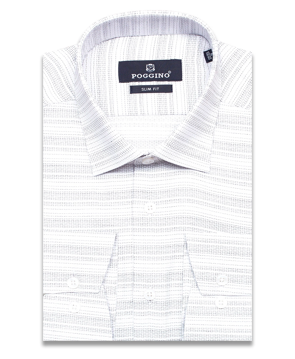 Светло-серая приталенная мужская рубашка меланж Poggino 7012-90 с длинным рукавом