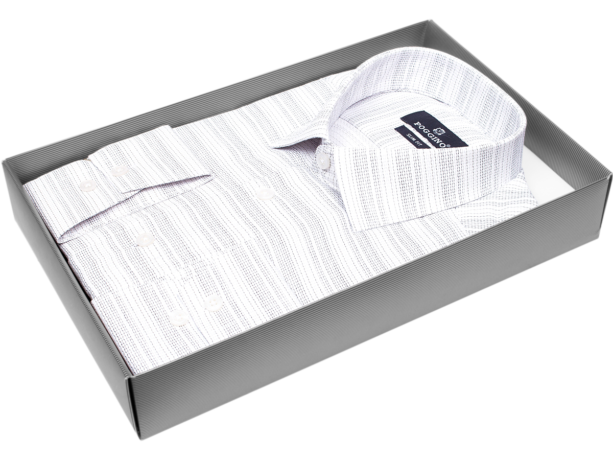 Светло-серая приталенная мужская рубашка меланж Poggino 7012-90 с длинным рукавом купить в Москве недорого