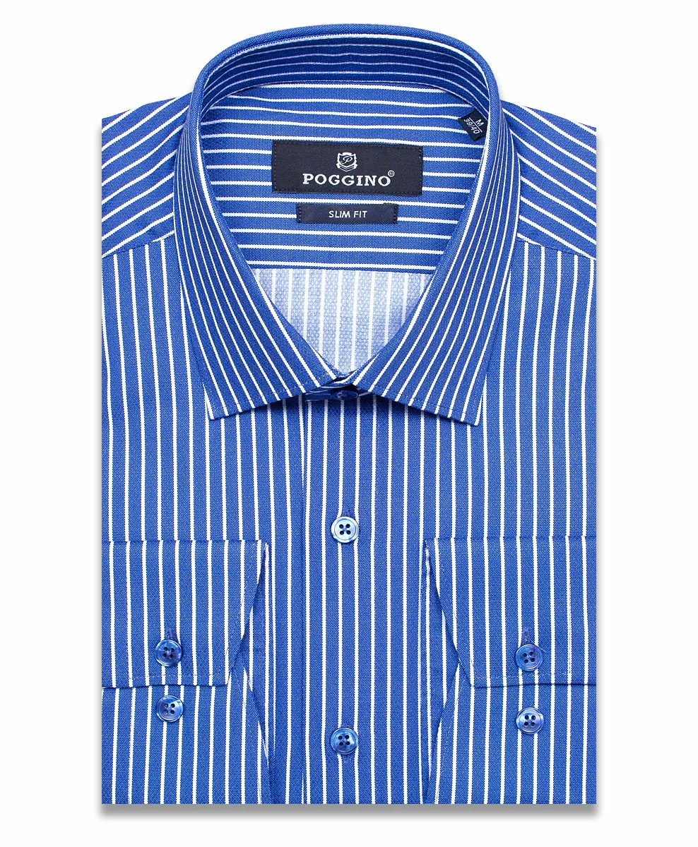 Синяя приталенная мужская рубашка Poggino 7012-08 в полоску с длинным рукавом