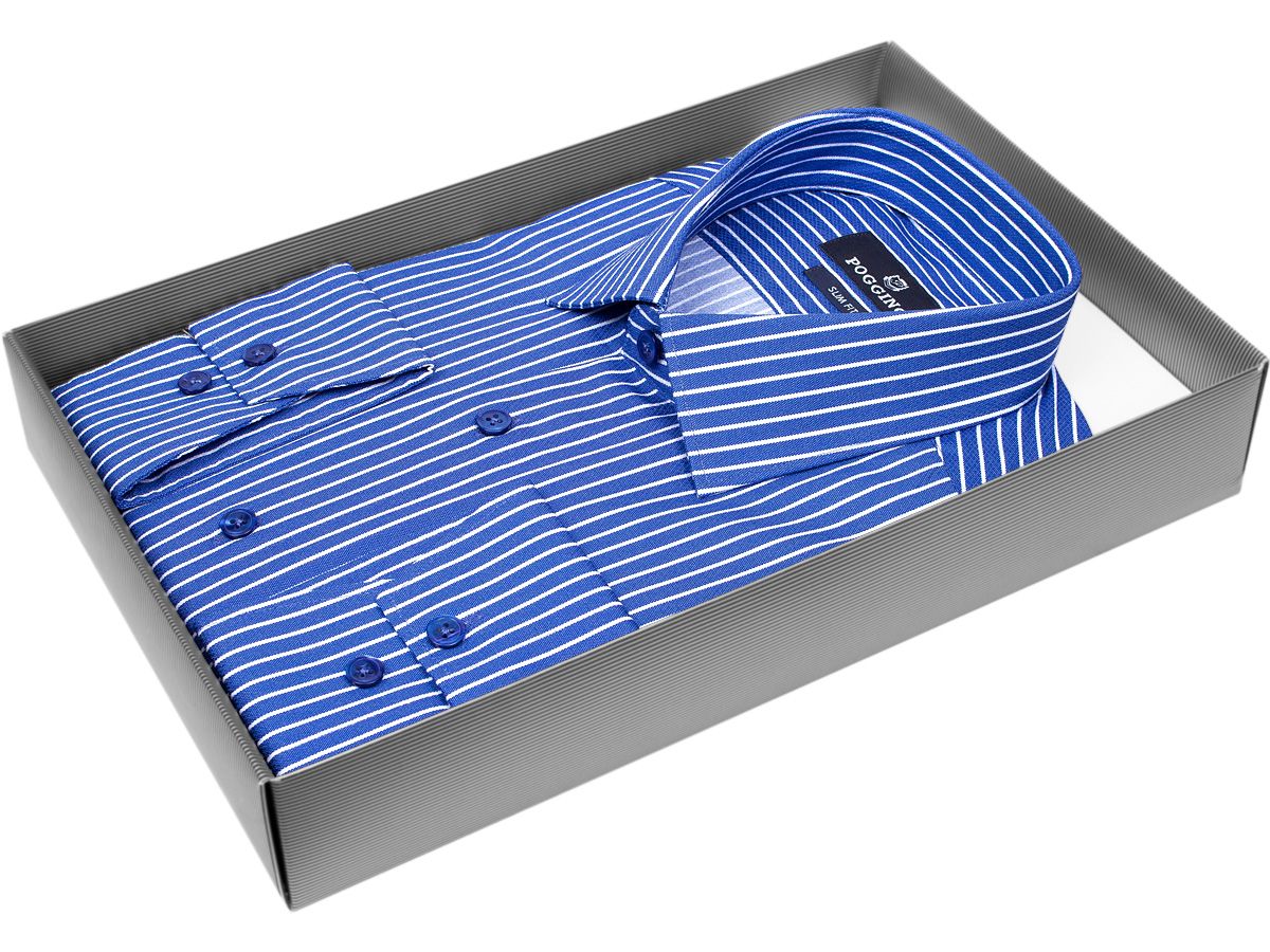 Синяя приталенная мужская рубашка Poggino 7012-08 в полоску с длинным рукавом купить в Москве недорого