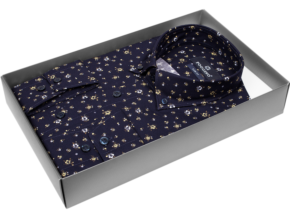 Темно-синяя приталенная мужская рубашка Poggino 7012-16 в цветочек с длинными рукавами купить в Москве недорого