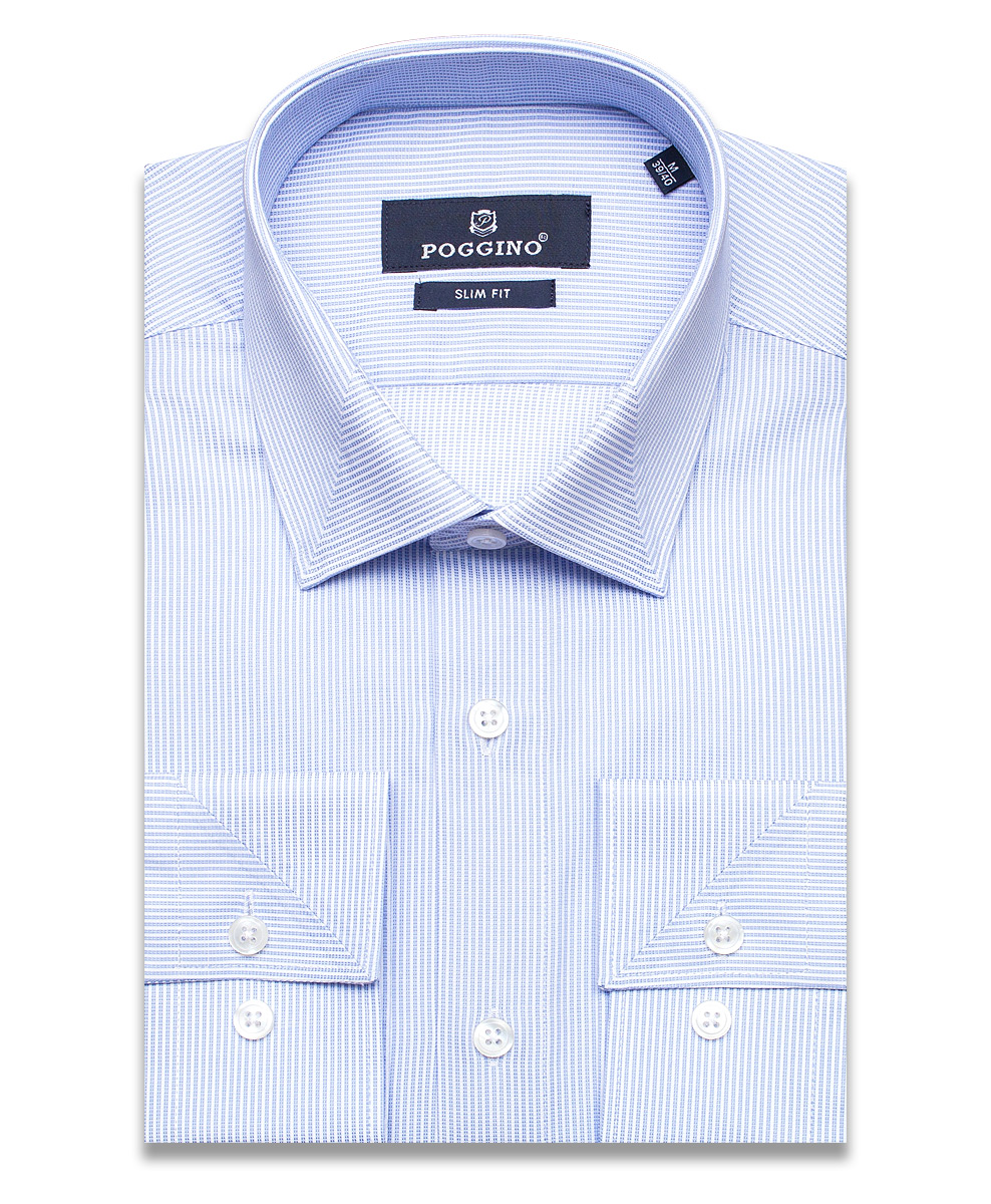 Голубая приталенная мужская рубашка Poggino 7013-27 в полоску с длинными рукавами
