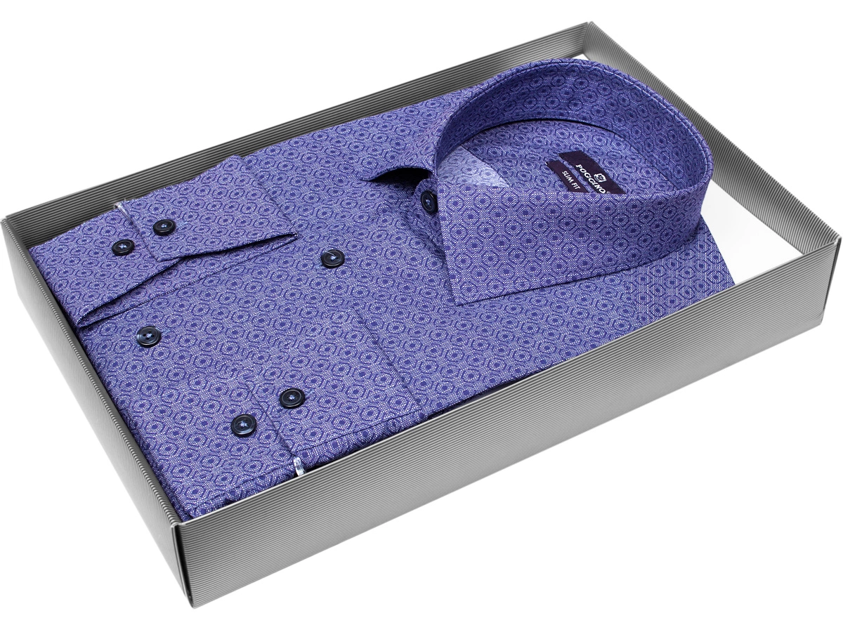 Удобная мужская рубашка Poggino 7013-100 рукав длинный силуэт приталенный стиль casual цвет синий в горошек 100% хлопок