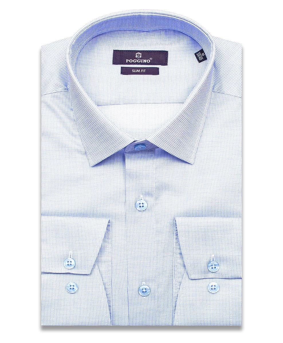 Голубая приталенная мужская рубашка Poggino 7013-98 в клетку с длинными рукавами
