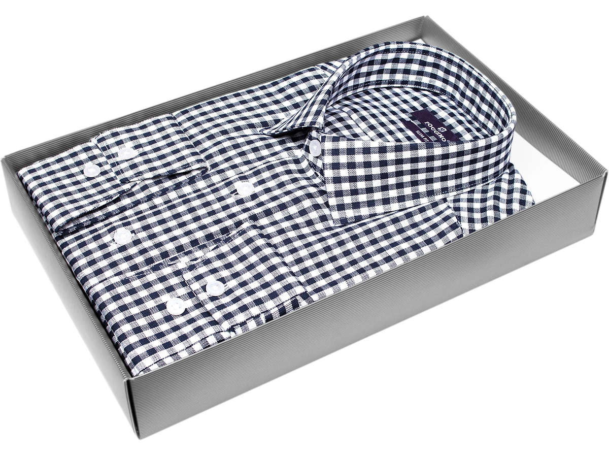 Удобная мужская рубашка Poggino 7013-12 рукав длинный силуэт приталенный стиль классический цвет темно синий в клетку 100% хлопок