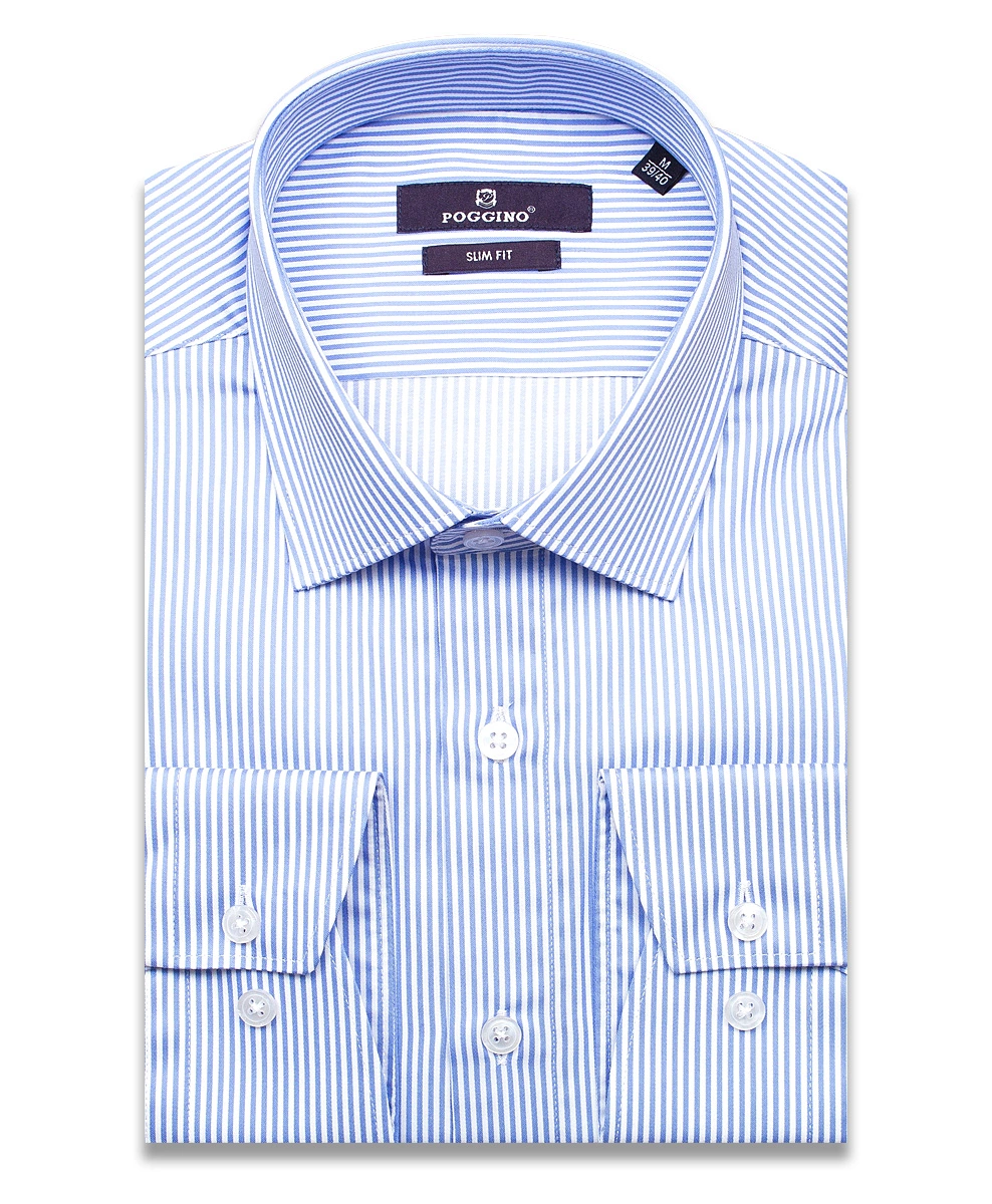 Голубая приталенная мужская рубашка Poggino 7013-78 в полоску с длинными рукавами