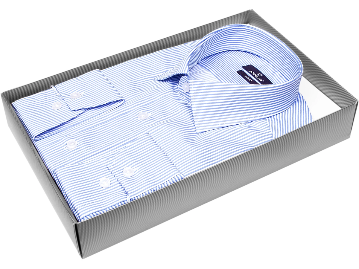 Удобная мужская рубашка Poggino 7013-78 рукав длинный силуэт приталенный стиль классический цвет голубой в полоску 100% хлопок