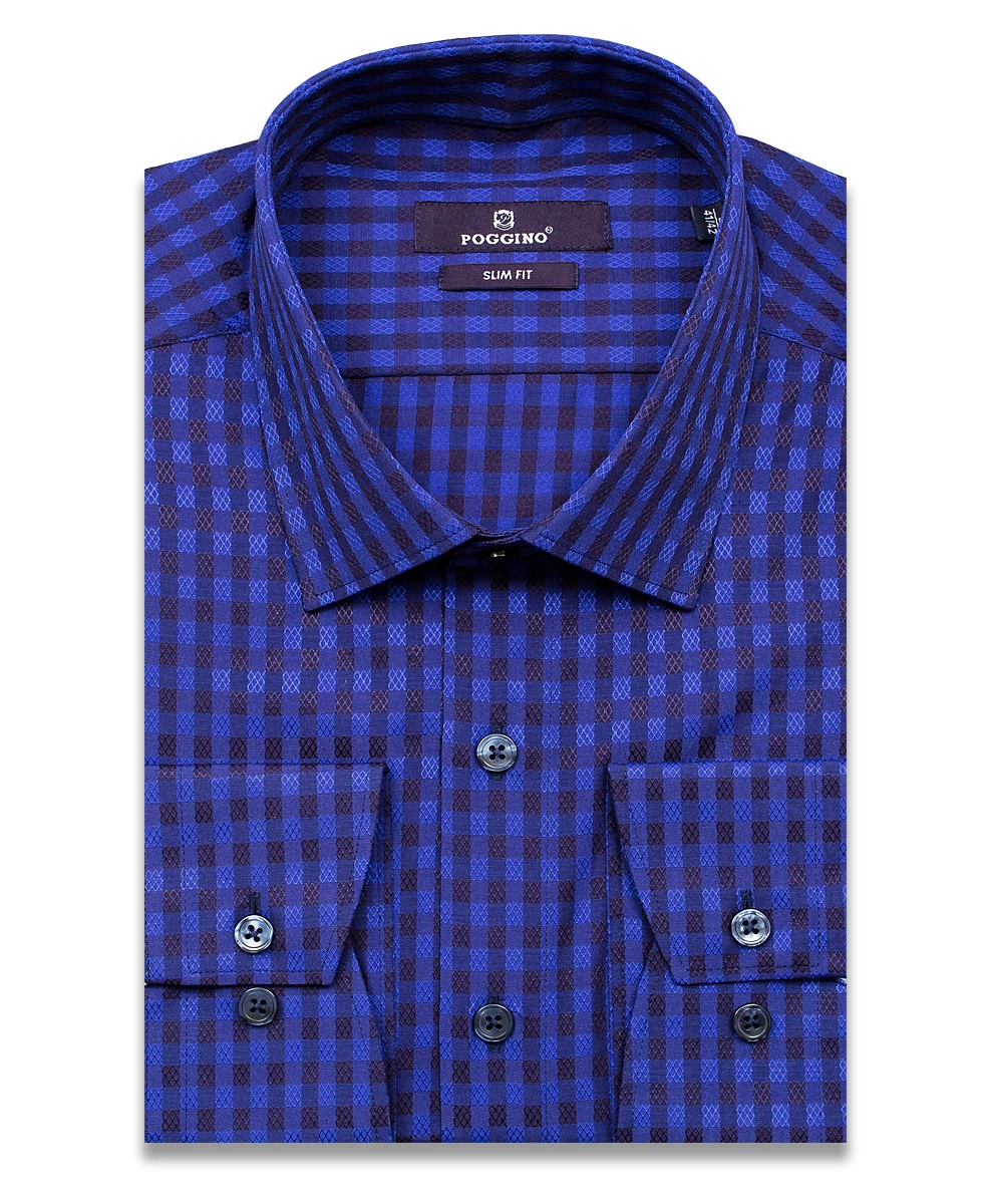 Темно-синяя приталенная мужская рубашка Poggino 7013-90 в клетку с длинными рукавами