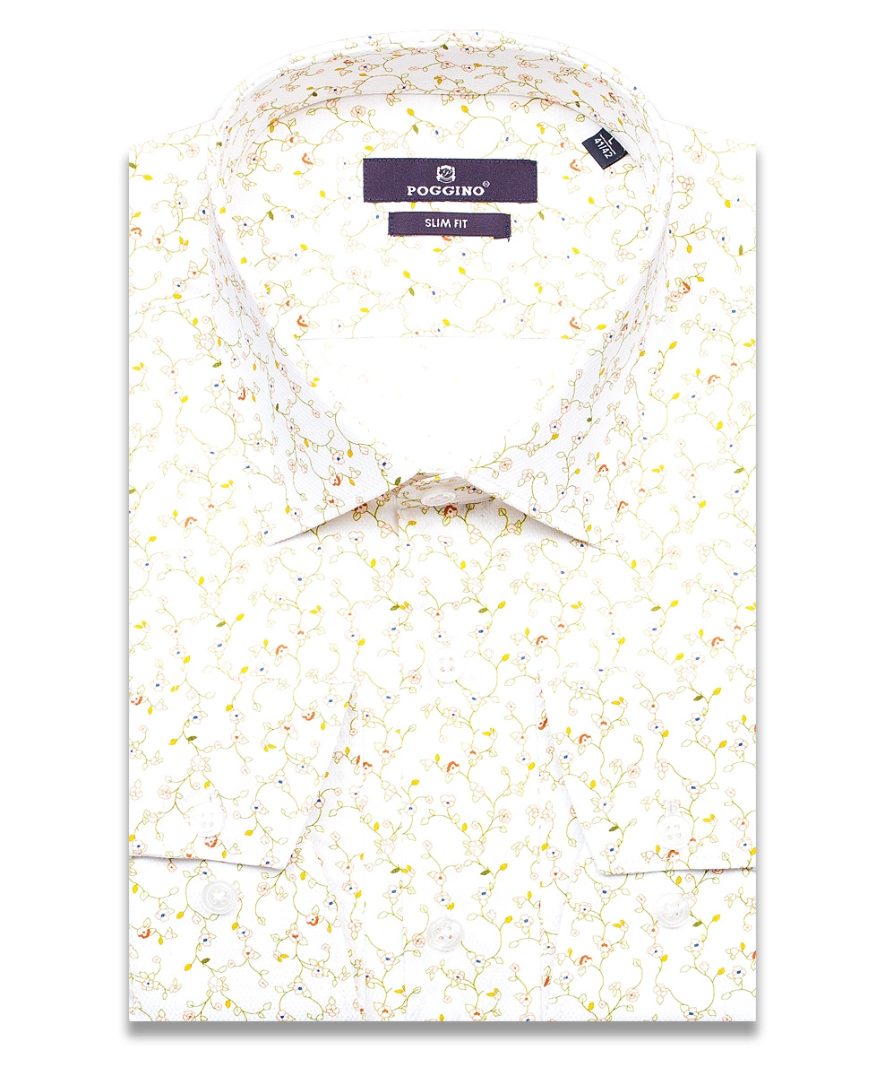 Кремовая приталенная мужская рубашка Poggino 7013-111 в цветочек с длинными рукавами