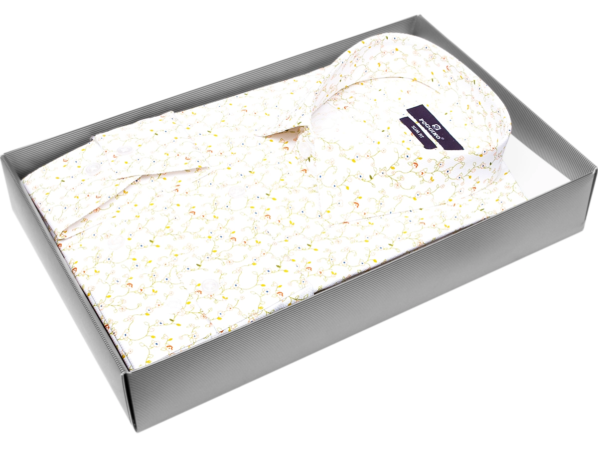 Яркая мужская рубашка Poggino 7013-111 рукав длинный силуэт приталенный стиль casual цвет кремовый в цветах 100% хлопок