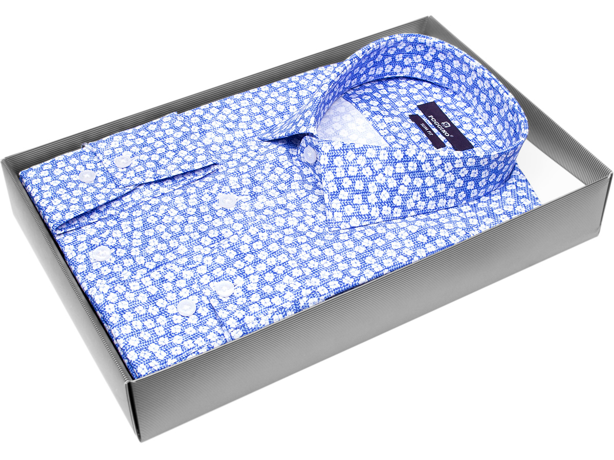 Синяя приталенная мужская рубашка Poggino 7013-108 в цветочек с длинными рукавами купить в Москве недорого