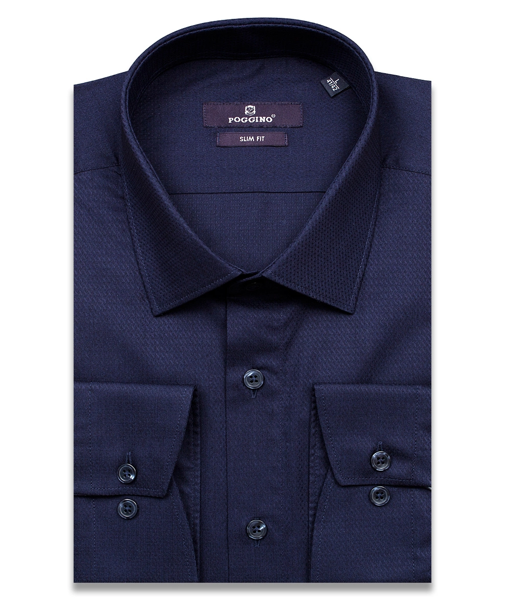 Темно-синяя приталенная мужская рубашка Poggino 7013-59 с длинными рукавами