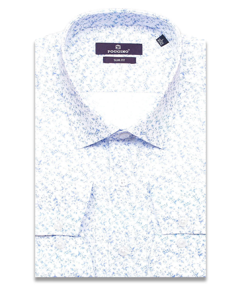 Голубая приталенная мужская рубашка Poggino 7013-112 в цветах с длинными рукавами