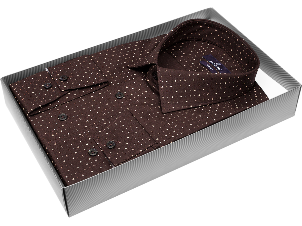 Коричневая приталенная мужская рубашка Poggino 7013-16 в узорах с длинными рукавами купить в Москве недорого