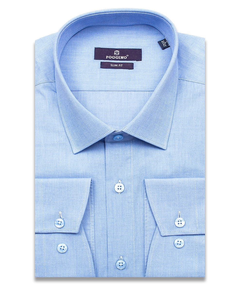 Голубая приталенная мужская рубашка Poggino 7013-30 с длинными рукавами