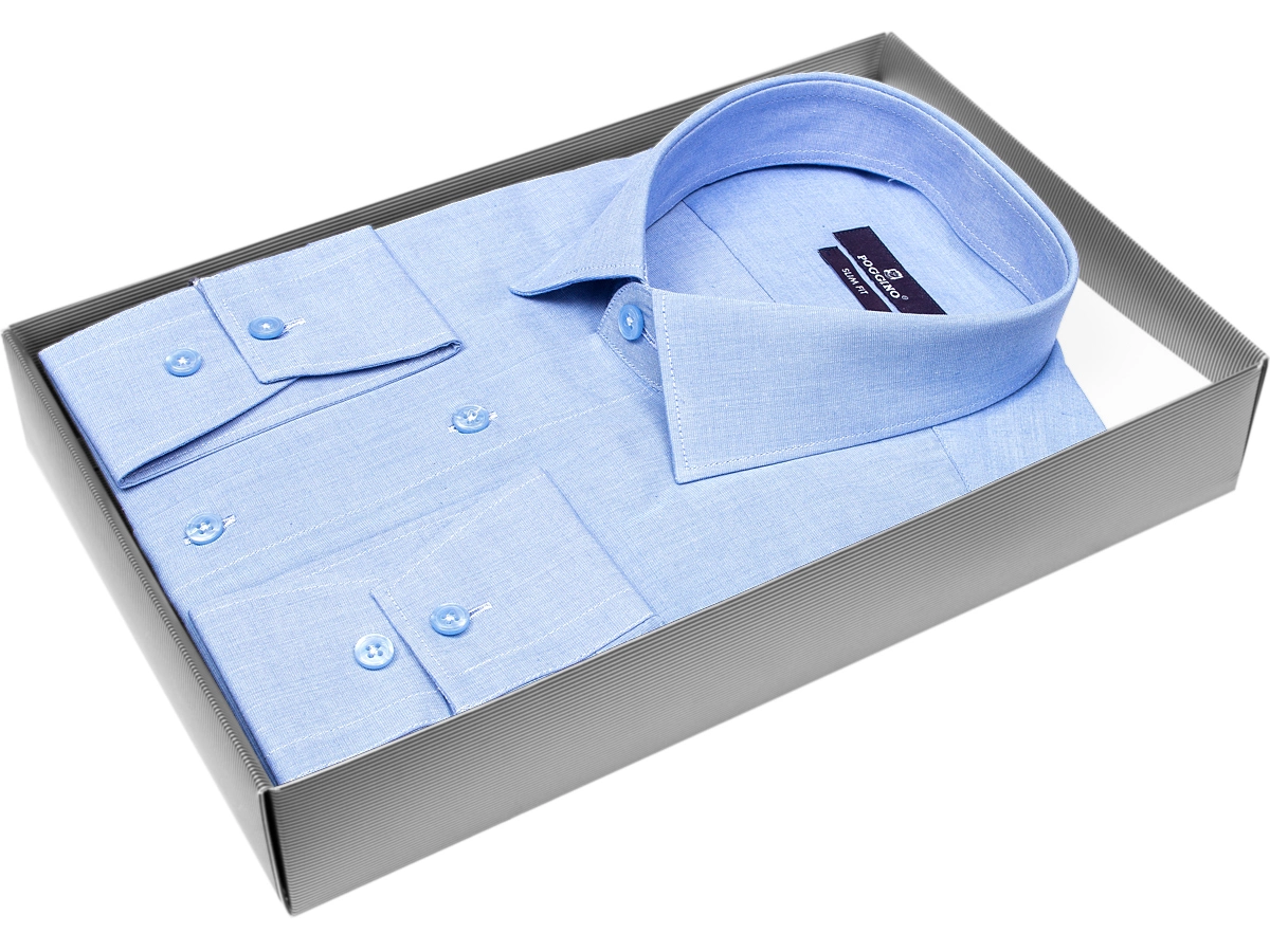 Модная молодежная рубашка Poggino 7013-30 рукав длинный силуэт приталенный стиль классический цвет голубой однотонный 100% хлопок