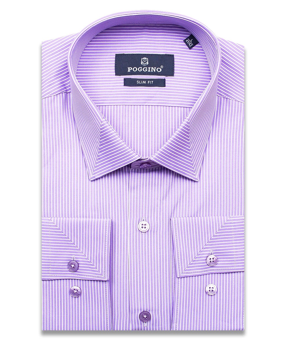 Сиреневая приталенная мужская рубашка Poggino 5010-61 в полоску с длинными рукавами
