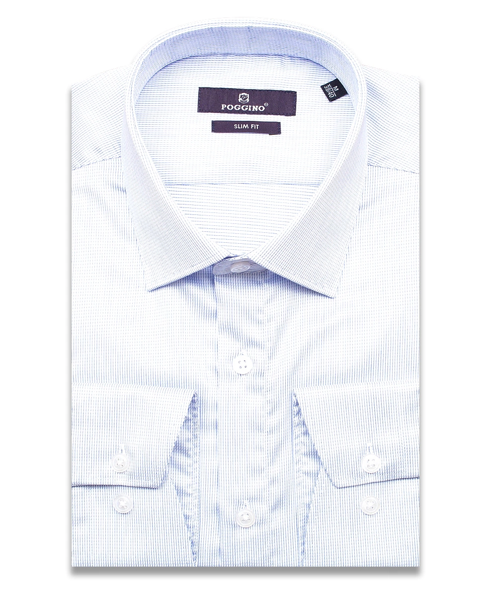 Голубая приталенная мужская рубашка Poggino 7013-74 в полоску с длинными рукавами