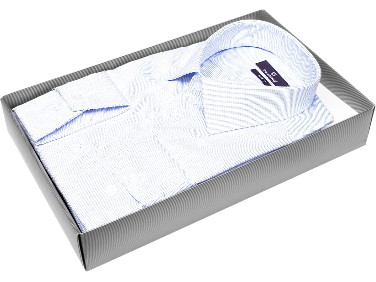 Яркая мужская рубашка Poggino 7013-74 рукав длинный силуэт приталенный стиль классический цвет голубой в полоску 100% хлопок