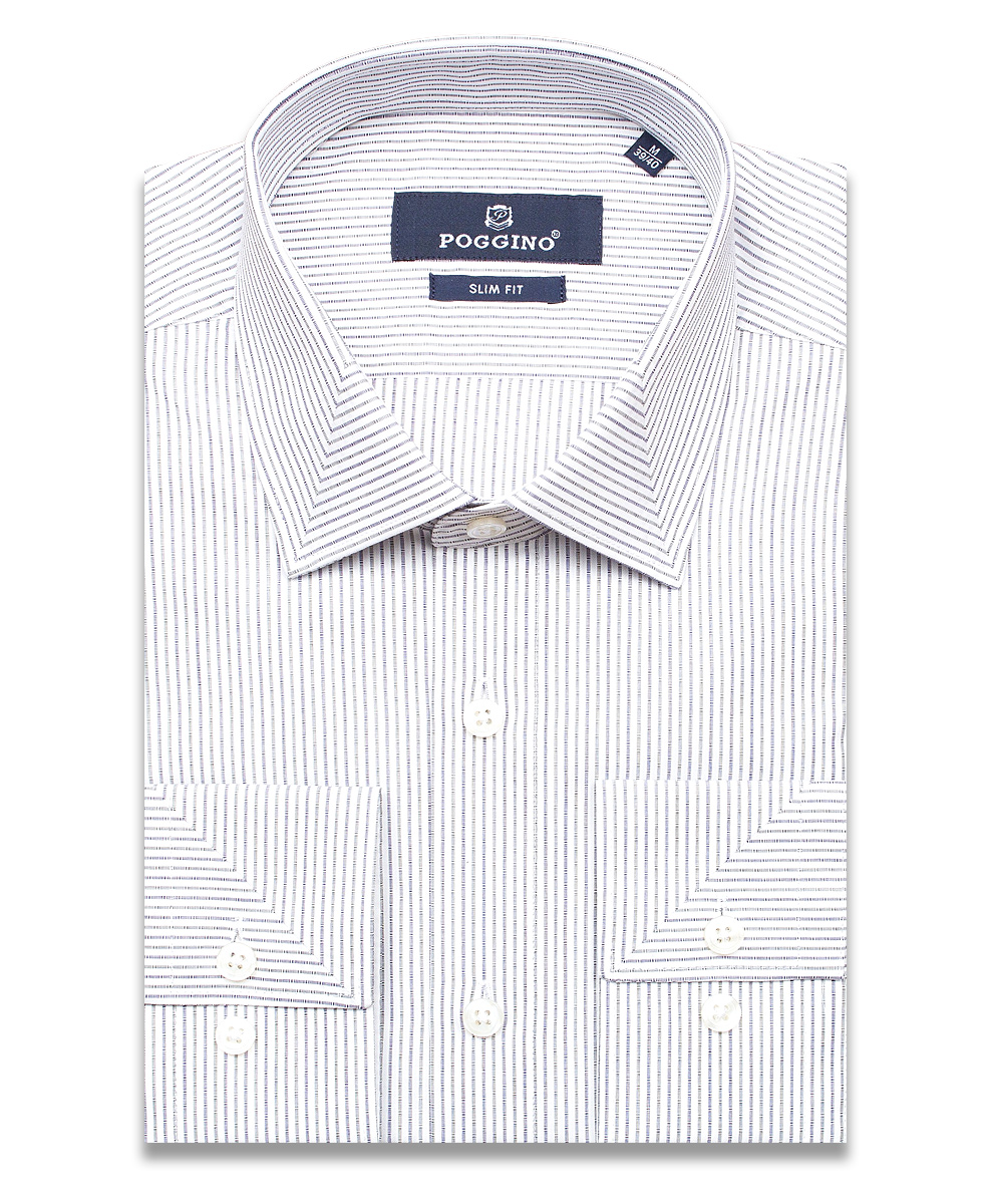 Светло-серая приталенная мужская рубашка Poggino 7011-66 в полоску с длинными рукавами