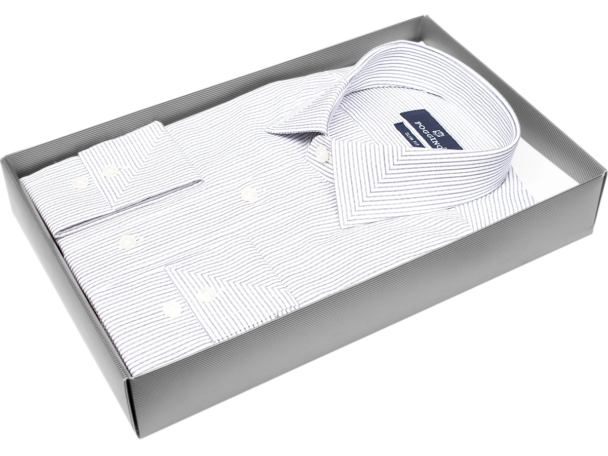 Стильная мужская рубашка Poggino 7011-66 силуэт приталенный стиль классический цвет светло-серый в полоску 100% хлопок