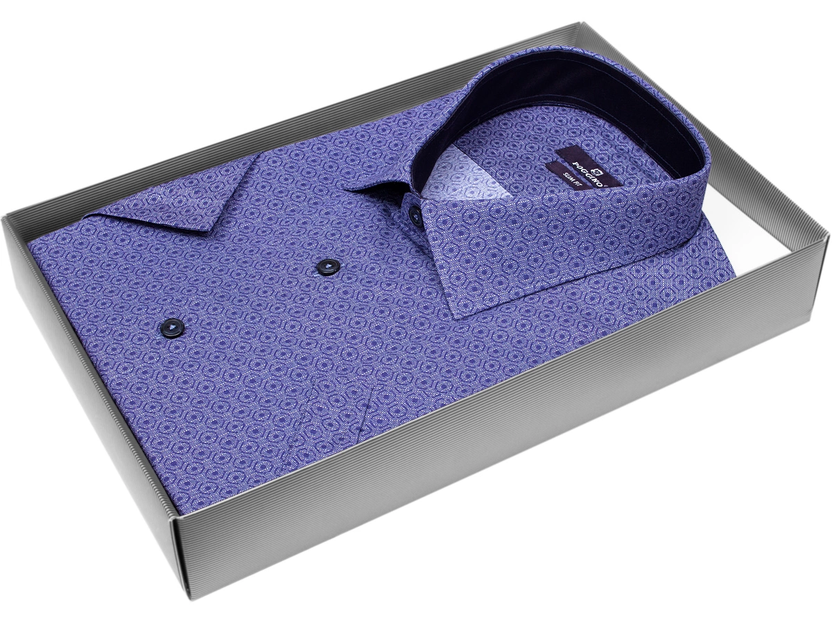 Синяя приталенная мужская рубашка Poggino 7013-100к в горошек с короткими рукавами