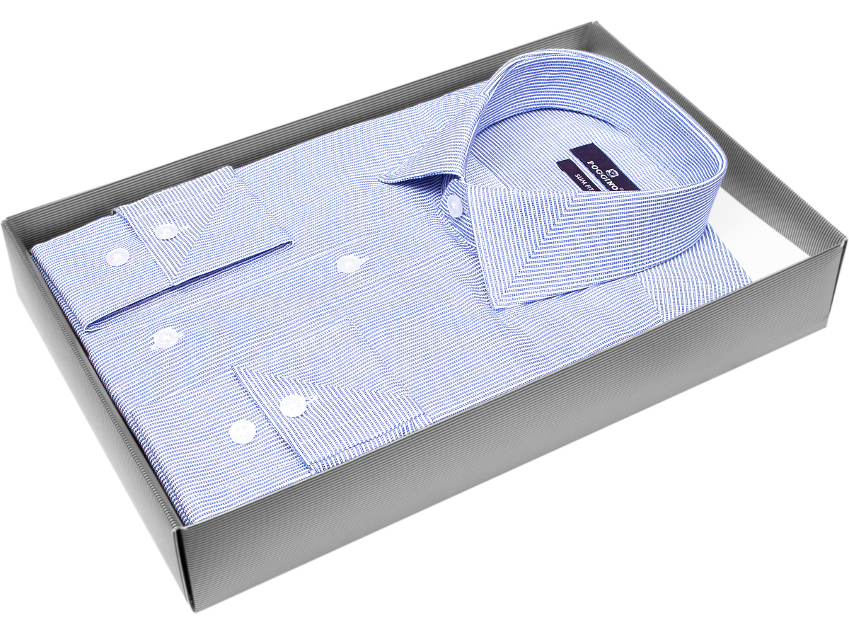 Синяя приталенная мужская рубашка Poggino 7013-28 в полоску с длинным рукавом купить в Москве недорого