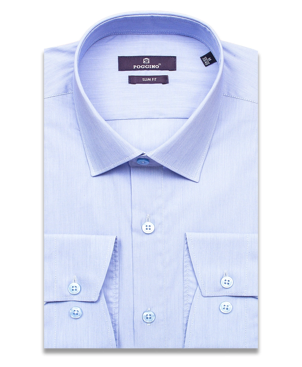 Голубая приталенная мужская рубашка Poggino 7013-36 меланж с длинными рукавами