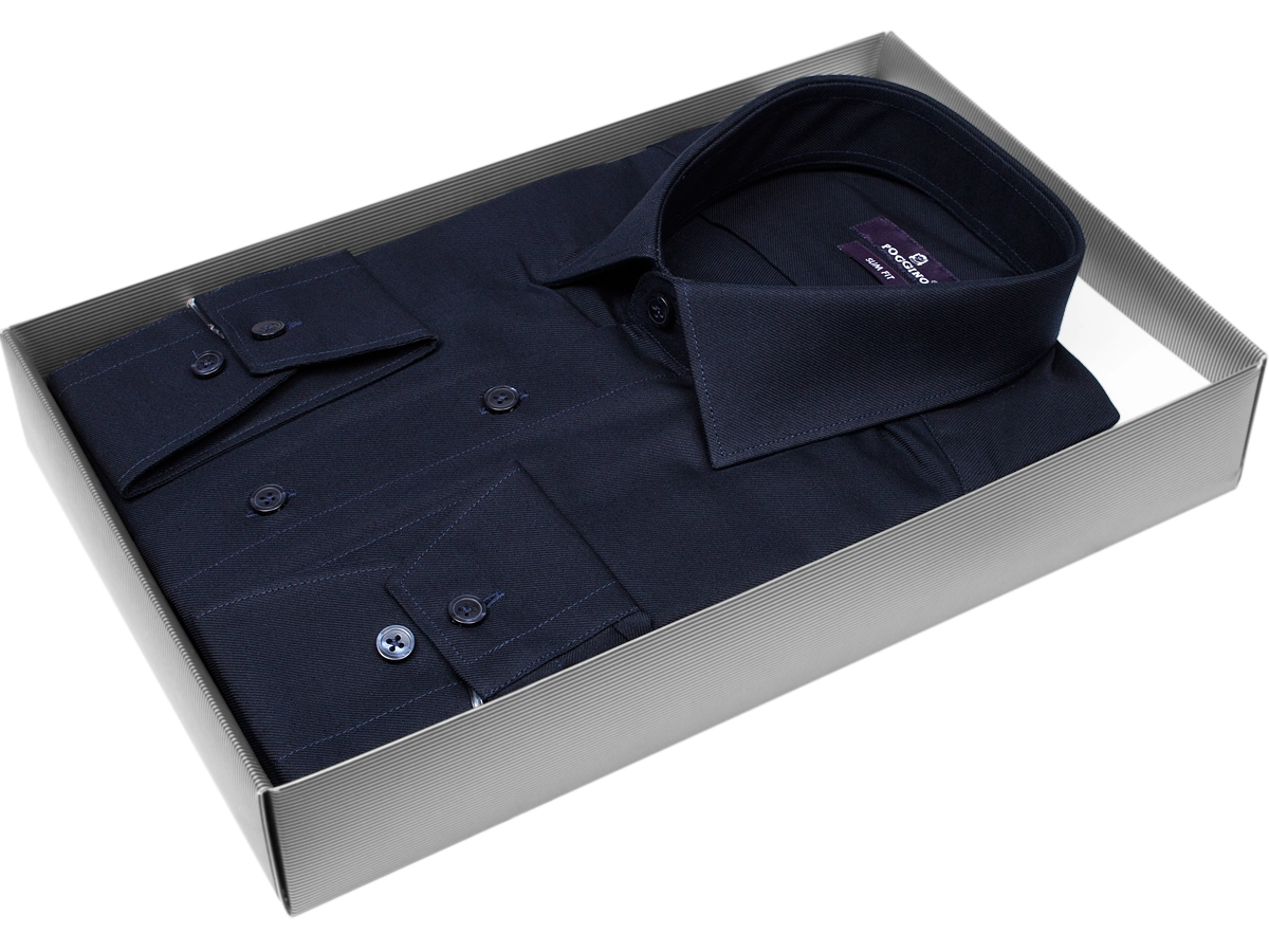 Модная мужская рубашка Poggino 7013-33 силуэт приталенный стиль классический цвет темно синий однотонный 100% хлопок