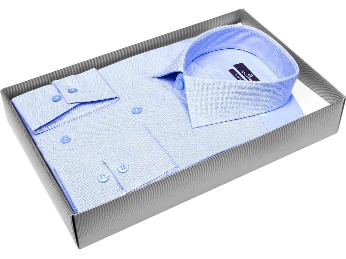 Модная молодежная рубашка Poggino 7013-34 рукав длинный силуэт приталенный стиль классический цвет голубой однотонный 100% хлопок