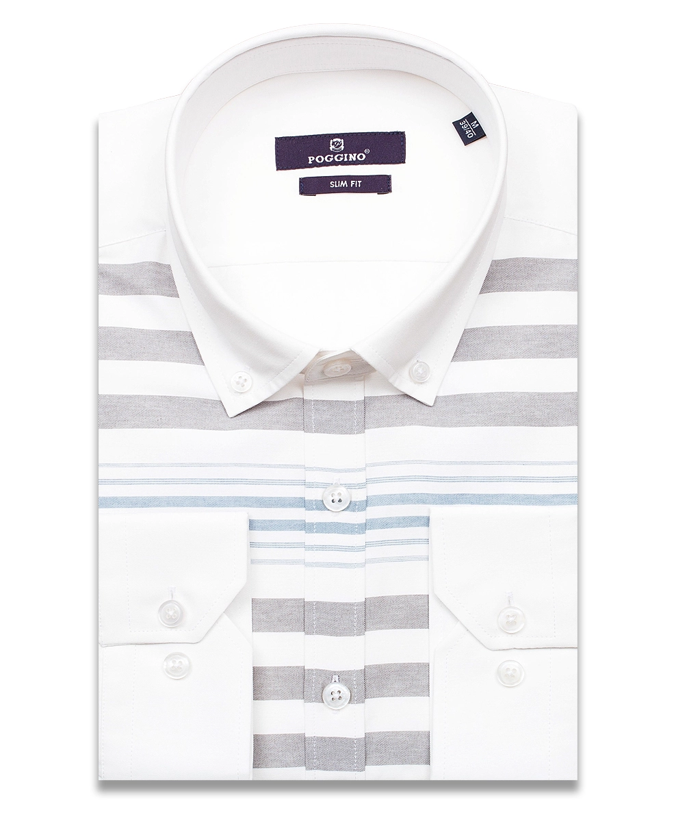 Белая комбинированная мужская рубашка Poggino 7013-002 в полоску с длинными рукавами