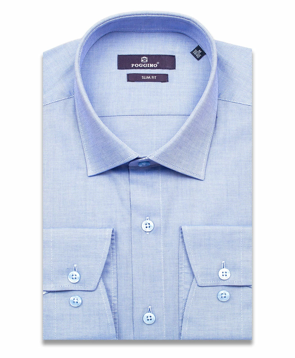 Голубая приталенная мужская рубашка Poggino 7013-57 с длинными рукавами