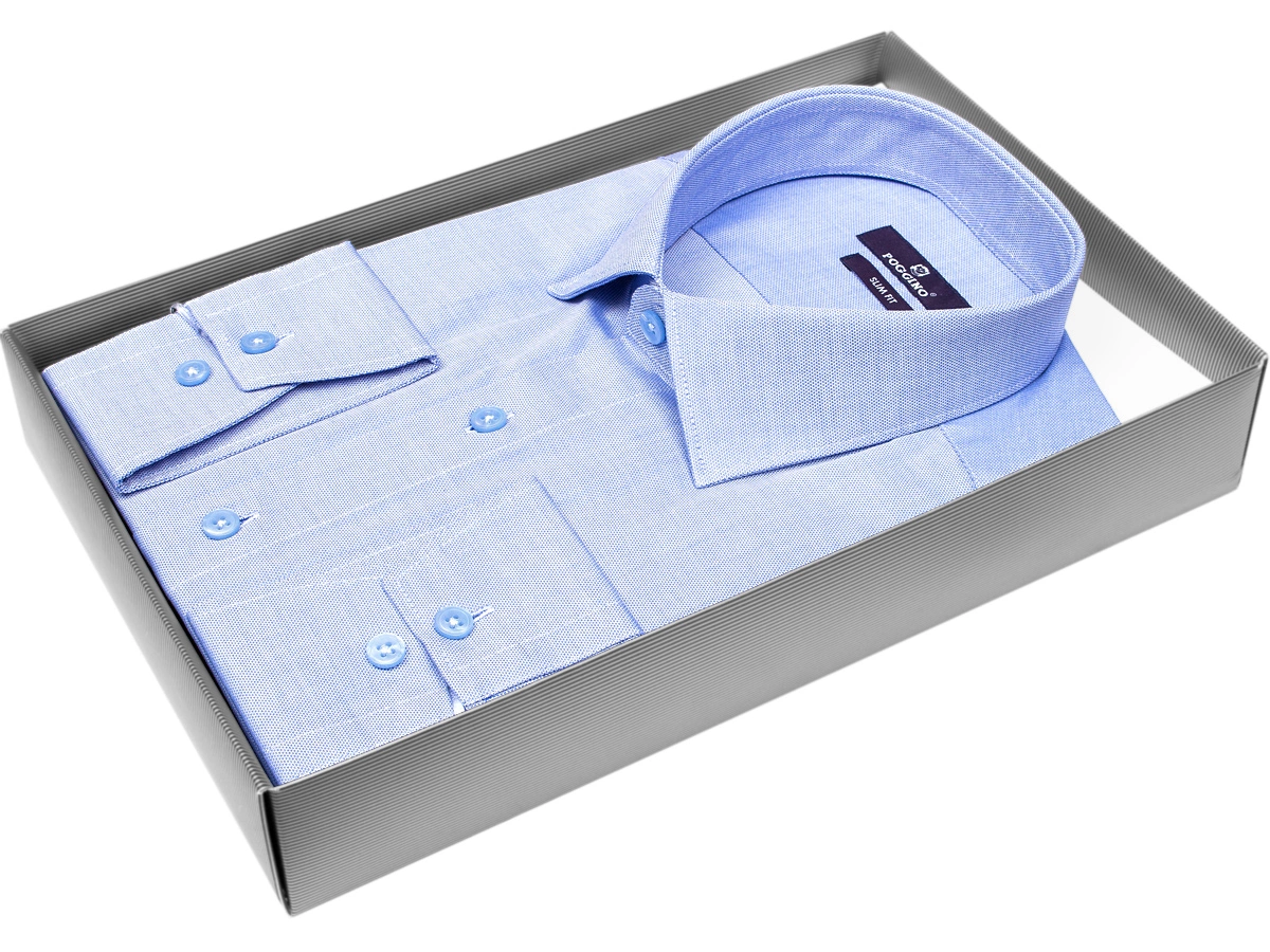 Стильная мужская рубашка Poggino 7013-57 рукав длинный силуэт приталенный стиль классический цвет голубой однотонный 100% хлопок