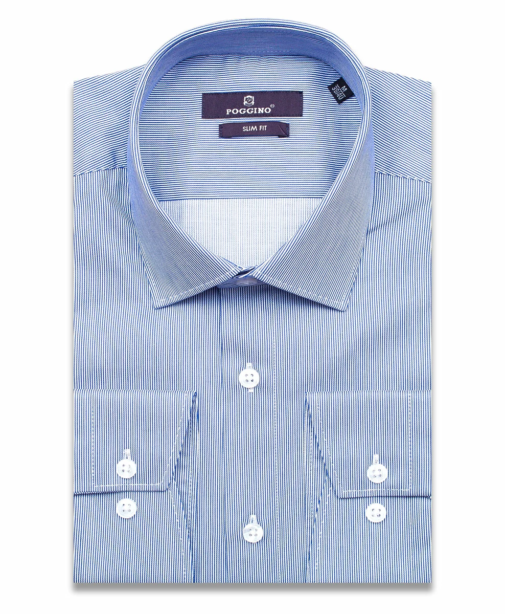 Синяя приталенная мужская рубашка Poggino 7013-42 в полоску с длинным рукавом